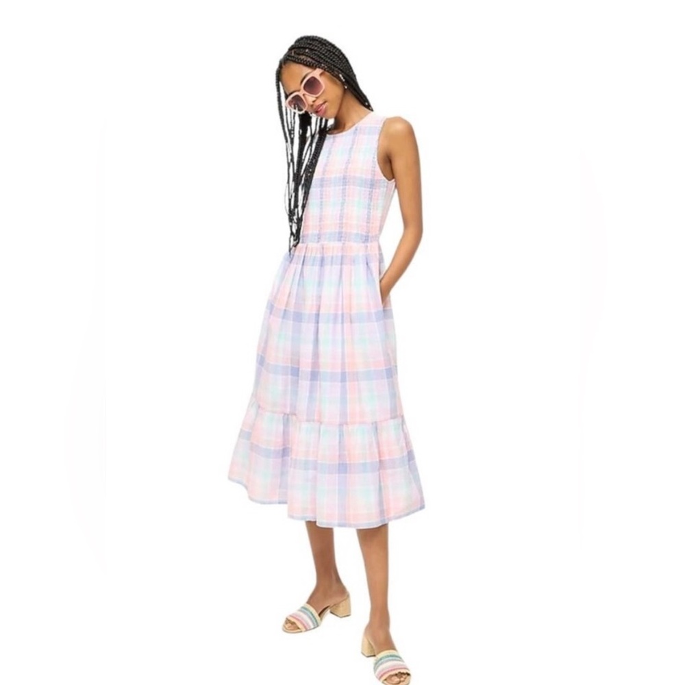 J. Crew Pastel Plaid Sleeveless Midi Dress Smocked Top Has Pockets! XS Petite